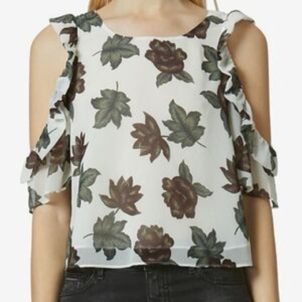 Avec Les Filles Ivory Floral Leaf Print Cold Shoulder Top Size Small Blouse